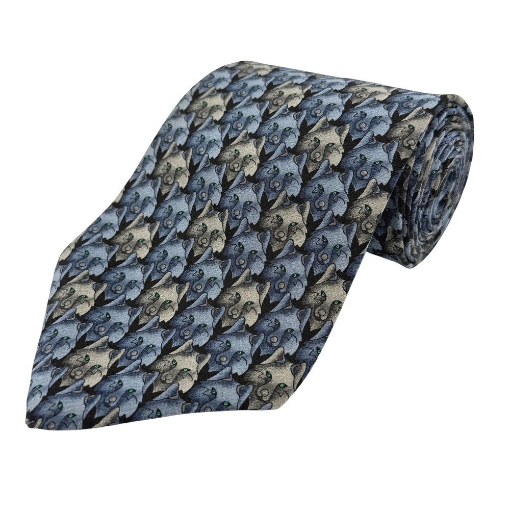 Natura "Foxy" Mens 100% Silk Necktie Blue Grey Fox Animal Print 56.5"L